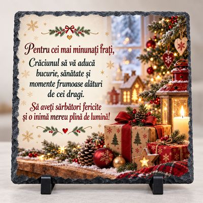 Piatră Ardezie Personalizată 20x20 cm – Cadou de Crăciun pentru Frați, cu Mesaj Emoționant