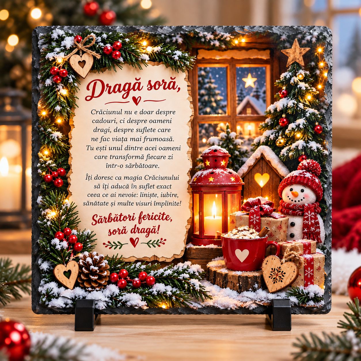 Piatră Ardezie Personalizată pentru Soră – Cadou de Crăciun cu Mesaj Emoționant, 20x20 cm