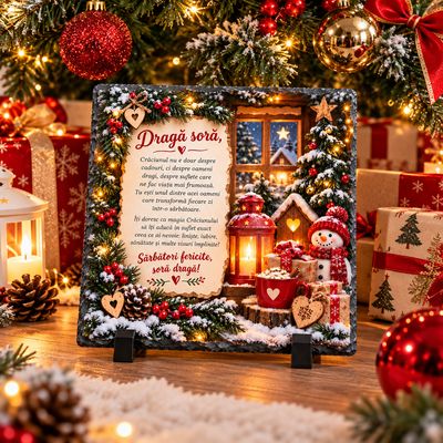 Piatră Ardezie Personalizată pentru Soră – Cadou de Crăciun cu Mesaj Emoționant, 20x20 cm