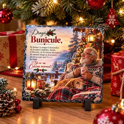 Piatră Ardezie Personalizată pentru Bunic – Cadou de Crăciun cu Mesaj Emoționant, 20x20 cm
