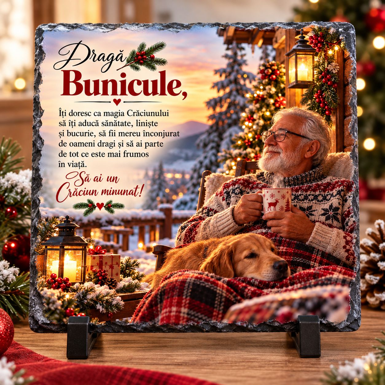 Piatră Ardezie Personalizată pentru Bunic – Cadou de Crăciun cu Mesaj Emoționant, 20x20 cm