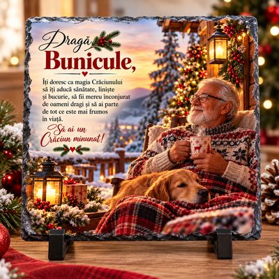 Piatră Ardezie Personalizată pentru Bunic – Cadou de Crăciun cu Mesaj Emoționant, 20x20 cm