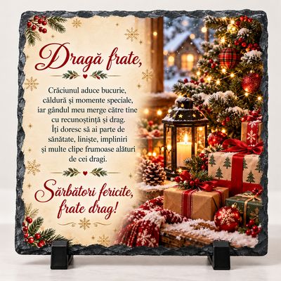 Piatră Ardezie Personalizată pentru Frate – Cadou de Crăciun cu Mesaj Emoționant, 20x20 cm