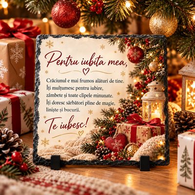 Piatră Ardezie Personalizată pentru Iubită – Cadou Romantic de Crăciun „Te iubesc!” – 20x20 cm