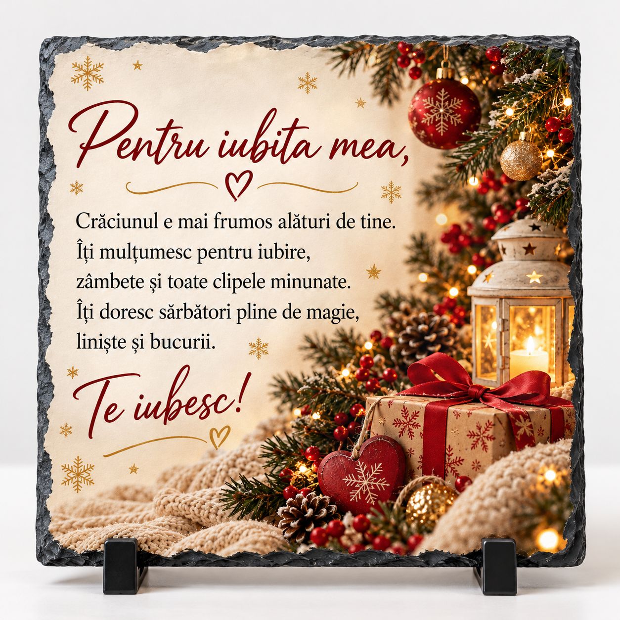 Piatră Ardezie Personalizată pentru Iubită – Cadou Romantic de Crăciun „Te iubesc!” – 20x20 cm