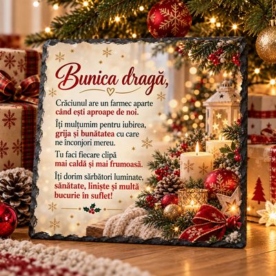 Piatră Ardezie Personalizată 20x20 cm – Cadou de Crăciun pentru Bunica cu Mesaj Emoționant „Bunica Dragă”