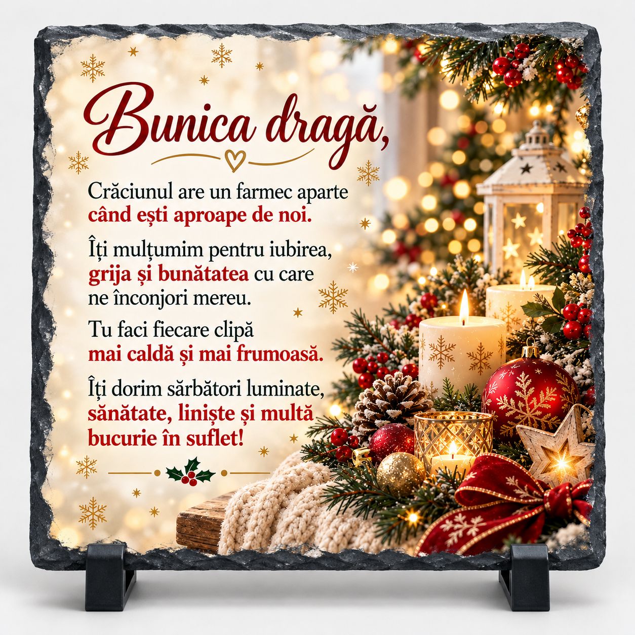 Piatră Ardezie Personalizată 20x20 cm – Cadou de Crăciun pentru Bunica cu Mesaj Emoționant „Bunica Dragă”