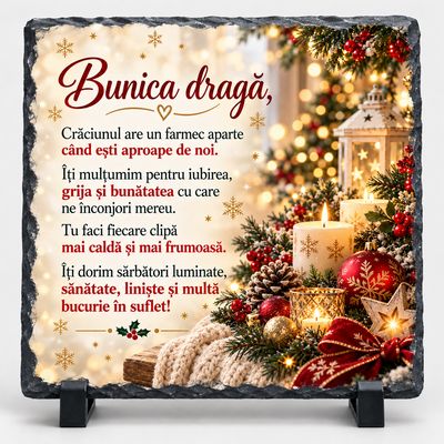 Piatră Ardezie Personalizată 20x20 cm – Cadou de Crăciun pentru Bunica cu Mesaj Emoționant „Bunica Dragă”