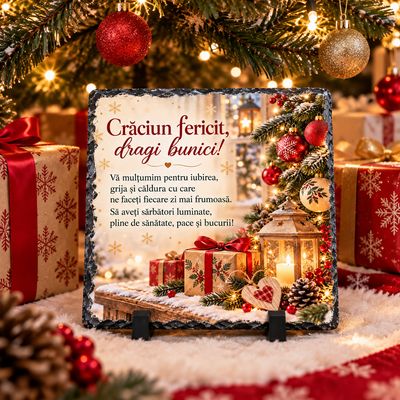 Piatră de Ardezie Personalizată pentru Bunici – Crăciun Fericit, Cadou de Crăciun cu Mesaj Emoționant, 20x20 cm