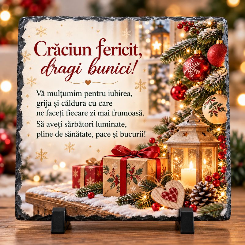 Piatră de Ardezie Personalizată pentru Bunici – Crăciun Fericit, Cadou de Crăciun cu Mesaj Emoționant, 20x20 cm
