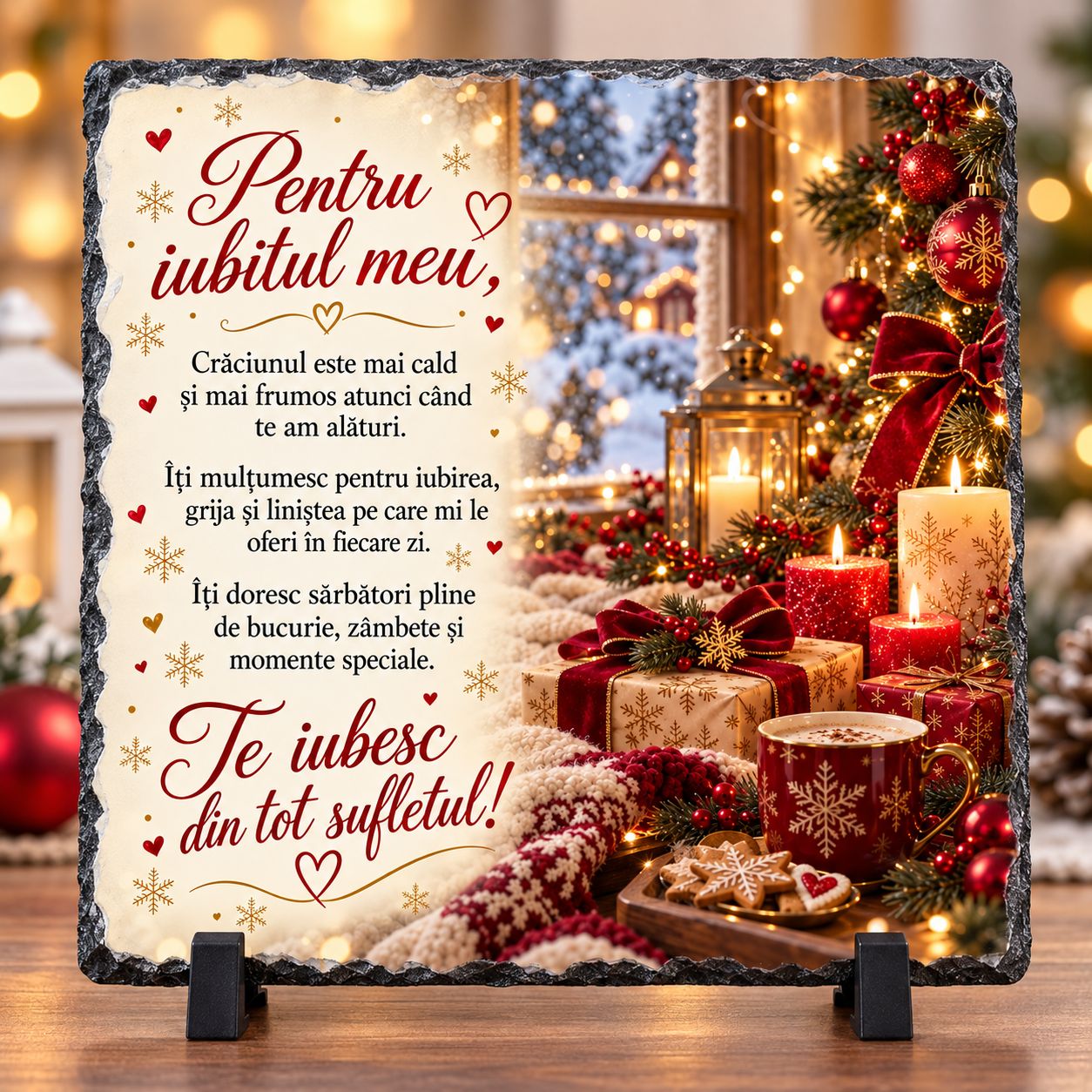 Piatră Ardezie Personalizată 20x20 cm – Cadou Romantic de Crăciun pentru Iubit, cu Mesaj de Dragoste