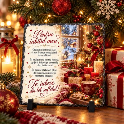 Piatră Ardezie Personalizată 20x20 cm – Cadou Romantic de Crăciun pentru Iubit, cu Mesaj de Dragoste