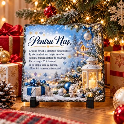 Piatră de Ardezie Personalizată pentru Naș – Cadou de Crăciun cu Mesaj Emoționant, 20x20 cm