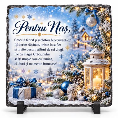 Piatră de Ardezie Personalizată pentru Naș – Cadou de Crăciun cu Mesaj Emoționant, 20x20 cm