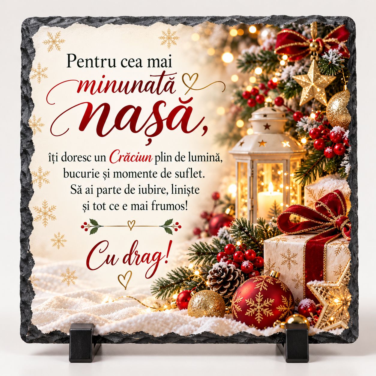 Piatră Ardezie Personalizată 20x20 cm – Cadou de Crăciun pentru Nașă cu Mesaj Emoționant