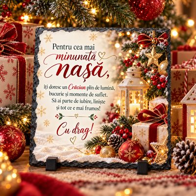 Piatră Ardezie Personalizată 20x20 cm – Cadou de Crăciun pentru Nașă cu Mesaj Emoționant