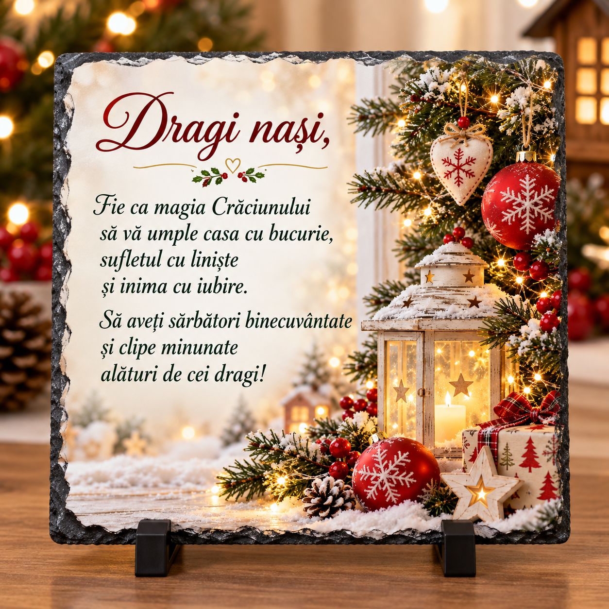 Piatră de Ardezie Personalizată pentru Nași – Cadou de Crăciun cu Mesaj Emoționant, 20x20 cm