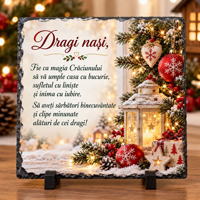 Piatră de Ardezie Personalizată pentru Nași – Cadou de Crăciun cu Mesaj Emoționant, 20x20 cm