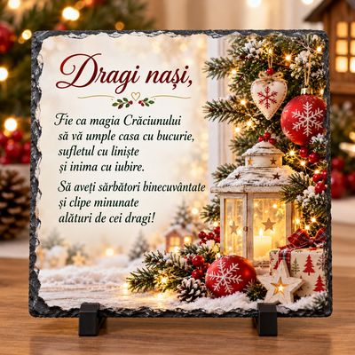 Piatră de Ardezie Personalizată pentru Nași – Cadou de Crăciun cu Mesaj Emoționant, 20x20 cm