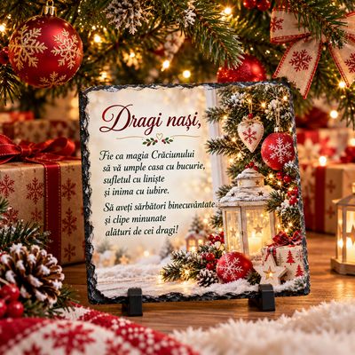 Piatră de Ardezie Personalizată pentru Nași – Cadou de Crăciun cu Mesaj Emoționant, 20x20 cm