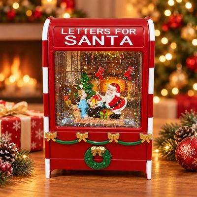 Cutie Poștală Decorativă de Crăciun „Letters for Santa” cu Moș Crăciun, Lumini și Zăpadă Strălucitoare, 20x12,5 cm