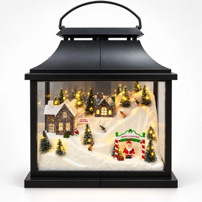 Felinar Decorativ de Crăciun cu Peisaj de Iarnă, Sat de Crăciun, Lumini LED și Moș Crăciun