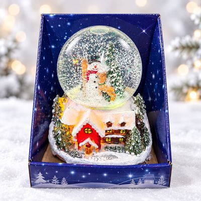 Glob de Crăciun cu Ninsoare, Om de Zăpadă și Căsuță Luminoasă – Decorațiune Muzicală Magic Village