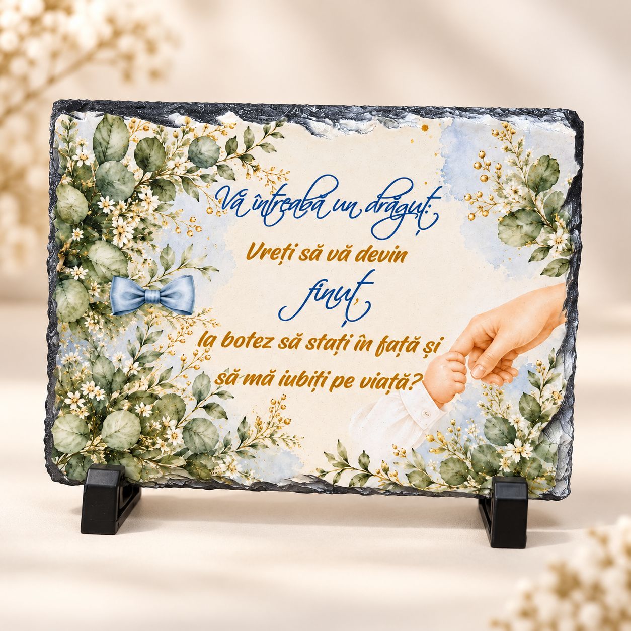 Piatră Ardezie Personalizată – Invitație pentru Nași de Botez „Vreți să fiți nașii mei?” – Model Floral cu Fundiță Albastră