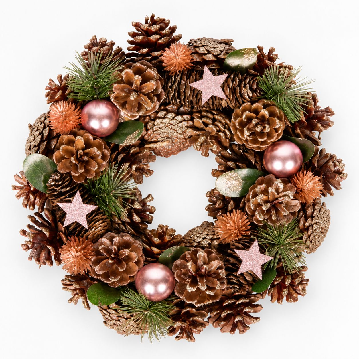Coroniță Decorativă de Crăciun cu Conuri de Brad, Steluțe Aurii și Accente Naturale – 34 cm