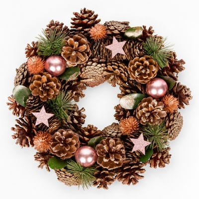 Coroniță Decorativă de Crăciun cu Conuri de Brad, Steluțe Aurii și Accente Naturale – 34 cm