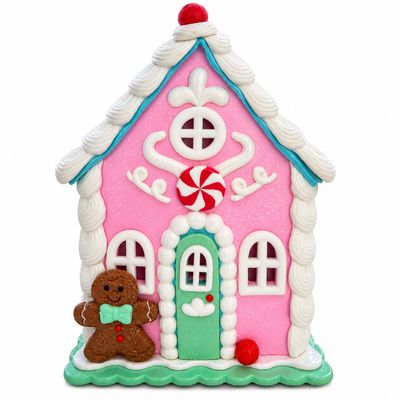 Căsuță Decorativă de Crăciun Roz cu Omuleț de Turtă Dulce – Decorațiune Festivă cu Acoperiș Turcoaz