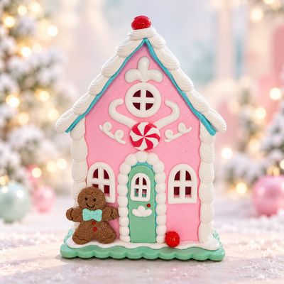 Căsuță Decorativă de Crăciun Roz cu Omuleț de Turtă Dulce – Decorațiune Festivă cu Acoperiș Turcoaz