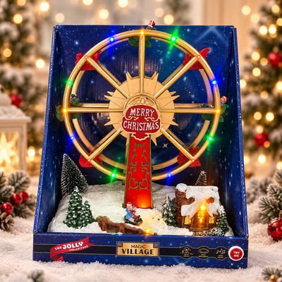 Roată Panoramică de Crăciun Magic Village cu Lumini LED Multicolore, Muzică și Mișcare – Decor Animat de Crăciun