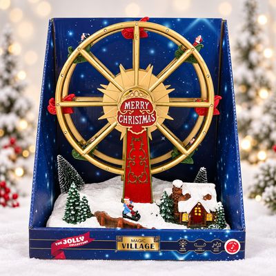 Roată Panoramică de Crăciun Magic Village cu Lumini LED Multicolore, Muzică și Mișcare – Decor Animat de Crăciun