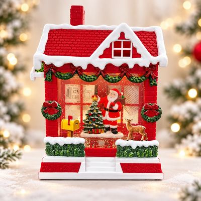 Căsuță Decorativă de Crăciun cu Moș Crăciun, Brad și Ren – Efect de Ninsoare și Iluminare LED