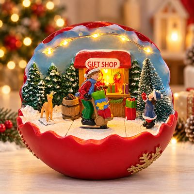 Decorațiune de Crăciun Tip Glob cu Scenă de Iarnă, Magazin de Cadouri, 6 LED-uri, Muzică și Mișcare