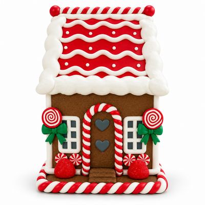 Căsuță Decorativă de Crăciun din Turtă Dulce, cu Acoperiș Roșu și Ornamente Festive