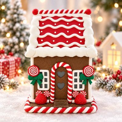 Căsuță Decorativă de Crăciun din Turtă Dulce, cu Acoperiș Roșu și Ornamente Festive