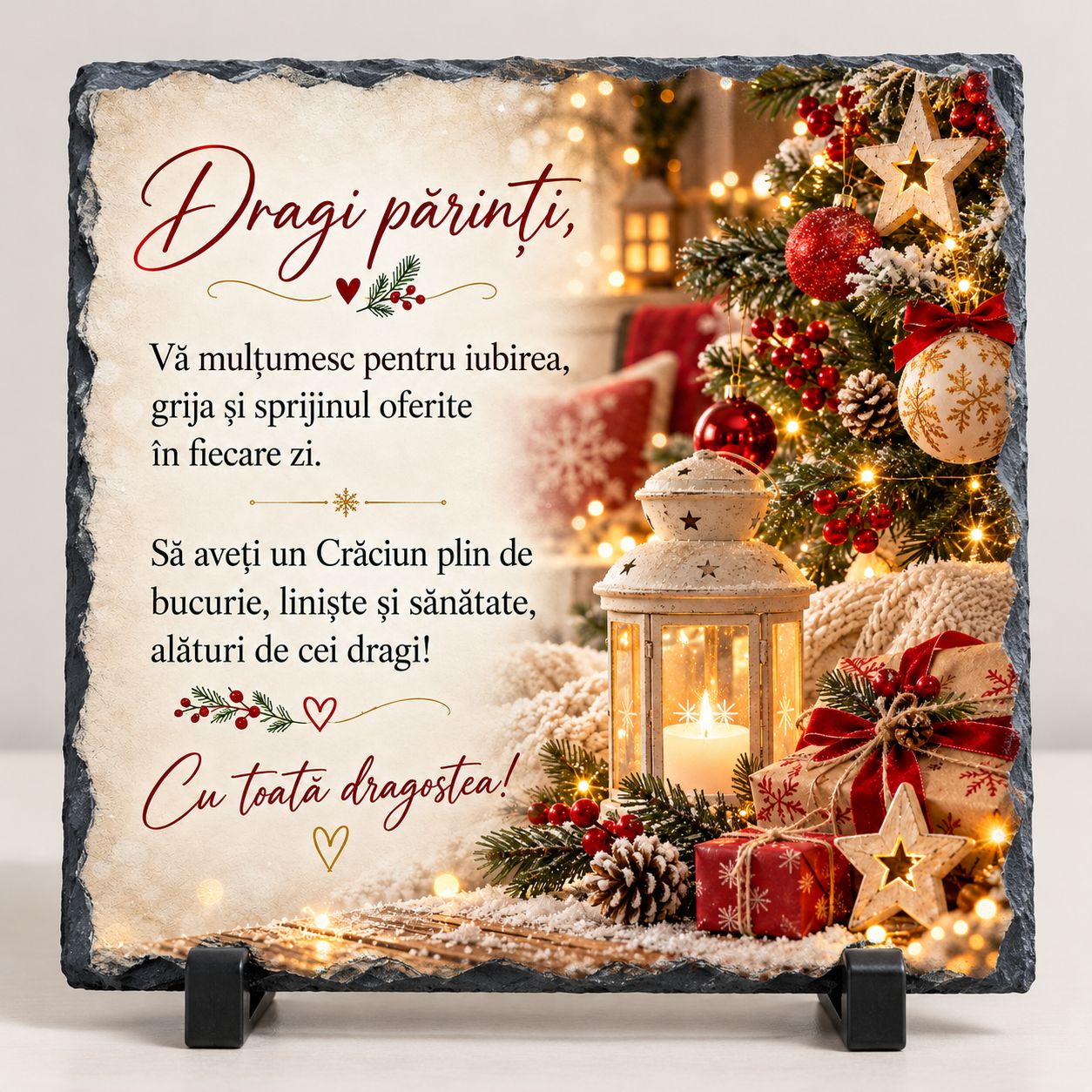 Piatră Ardezie Personalizată 20x20 cm – Cadou de Crăciun pentru Părinți, cu Mesaj Emoționant