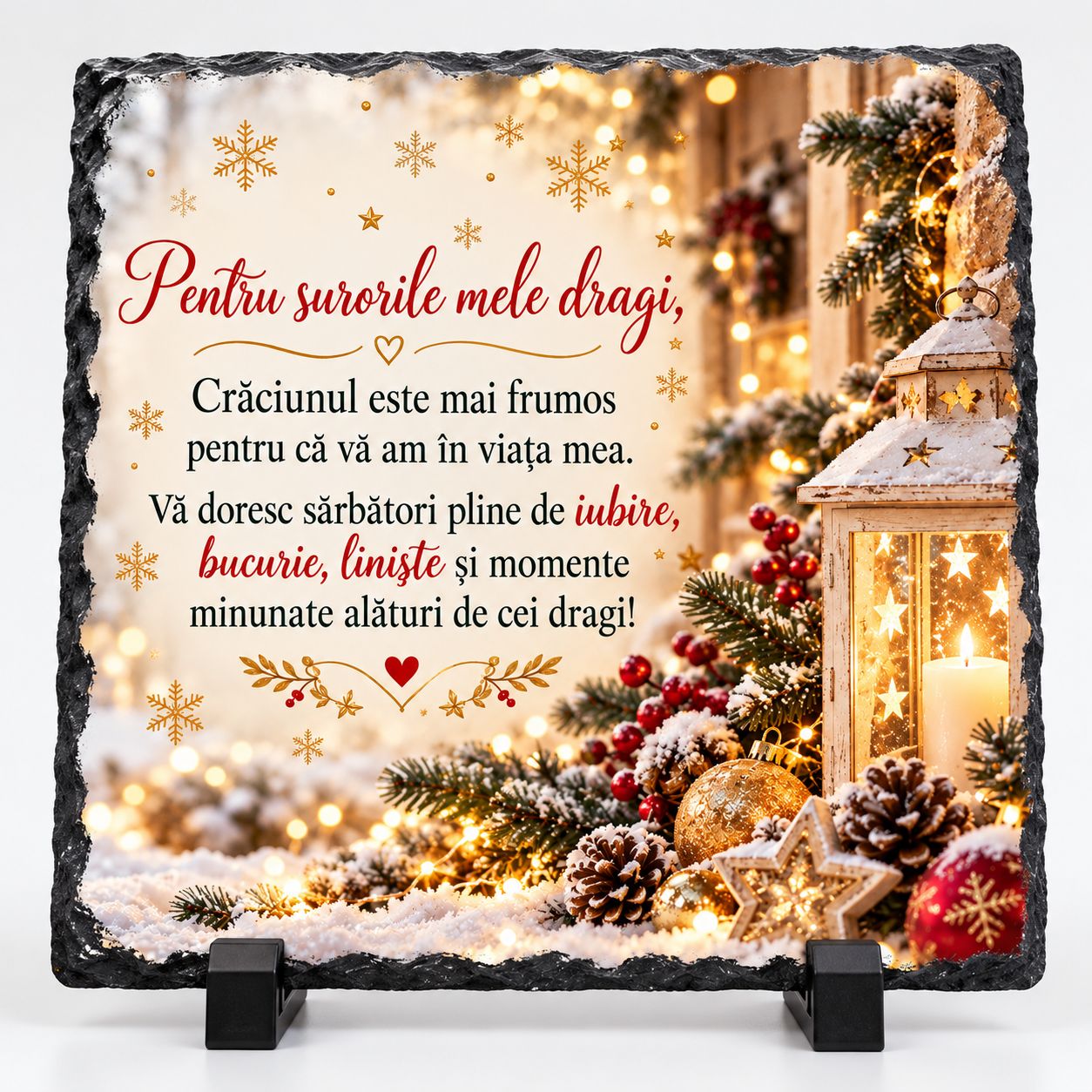 Piatră Ardezie Personalizată 20x20 cm – Cadou de Crăciun pentru Surori cu Mesaj Emoționant