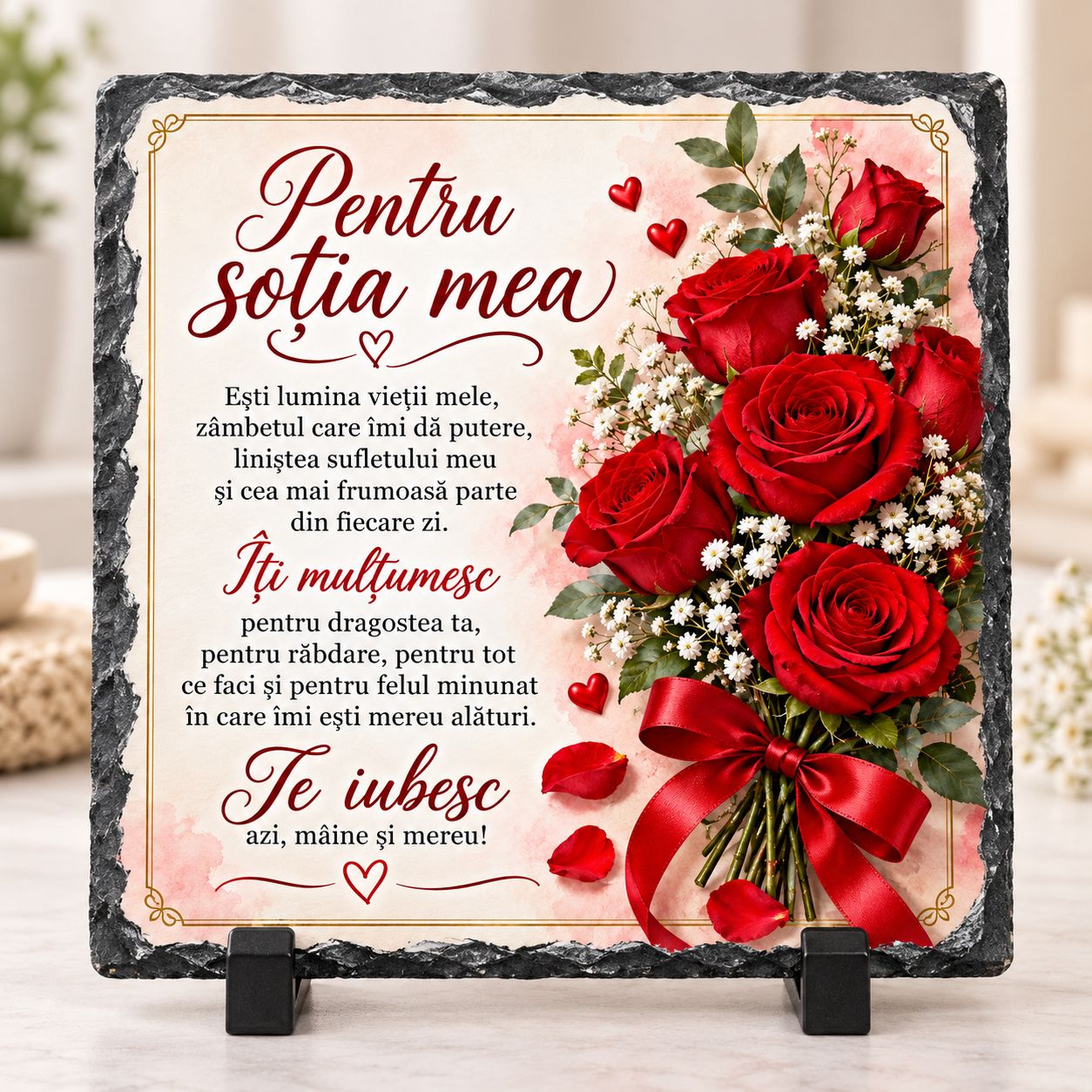 Piatră Ardezie Personalizată 20x20 cm – Pentru Soția Mea, Cadou Romantic cu Trandafiri Roșii și Mesaj de Dragoste