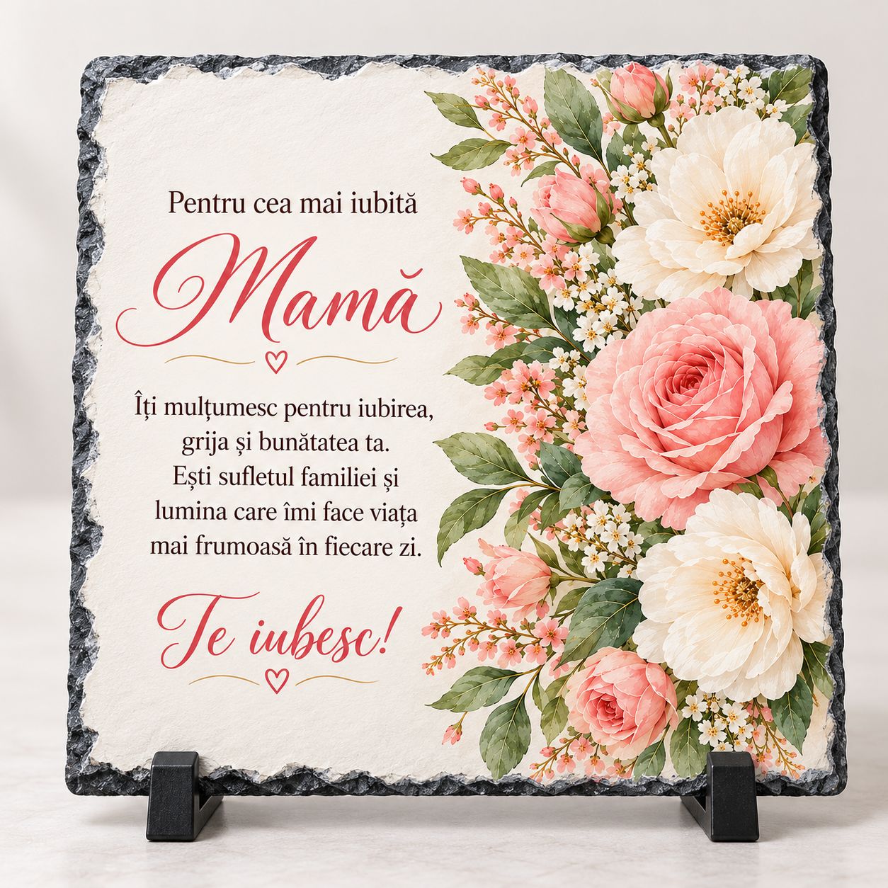Piatră Ardezie Personalizată pentru Mamă – Cadou cu Mesaj Emoționant și Flori, 20x20 cm