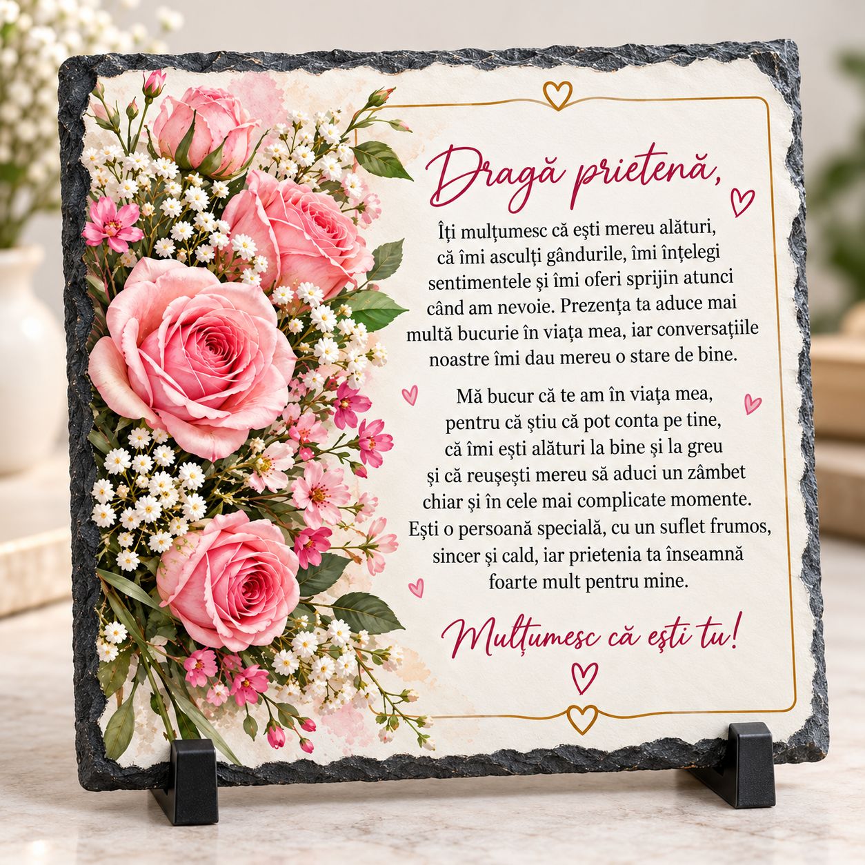 Piatră Ardezie Personalizată pentru Prietenă – „Mulțumesc că Ești Tu!”, Cadou Emoționant, 20x20 cm