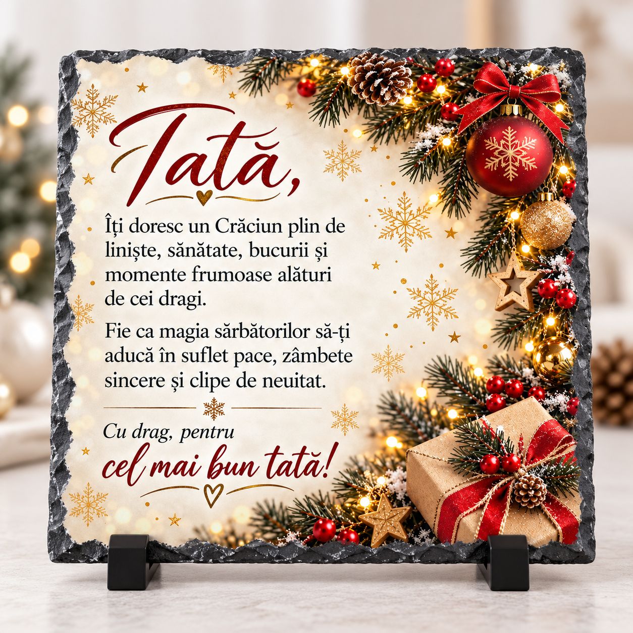 Piatră Ardezie Personalizată pentru Tată – Cadou de Crăciun cu Mesaj Emoționant, 20x20 cm