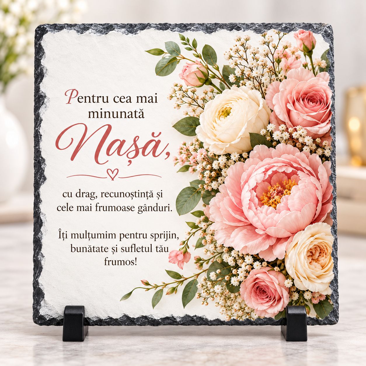 Piatră Ardezie Personalizată pentru Nașă – Cadou Special cu Flori și Mesaj de Mulțumire, 20x20 cm