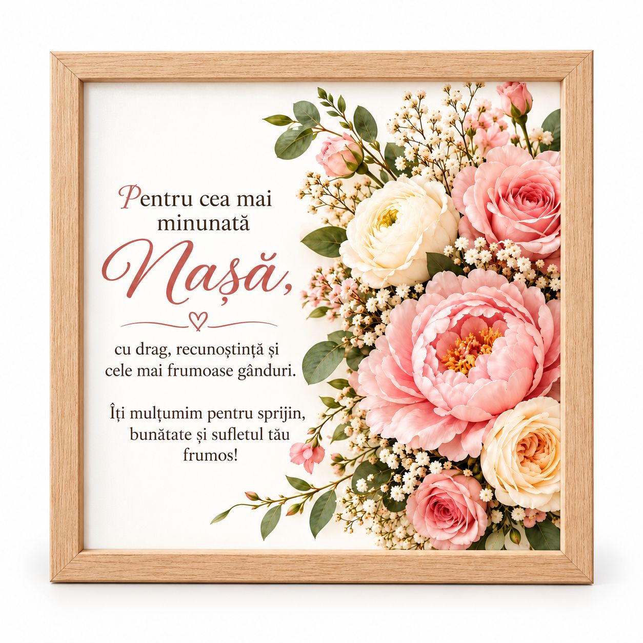 Ramă Foto Decorativă pentru Nașă – Cadou Elegant cu Mesaj Emoționant de Mulțumire și Flori Roz