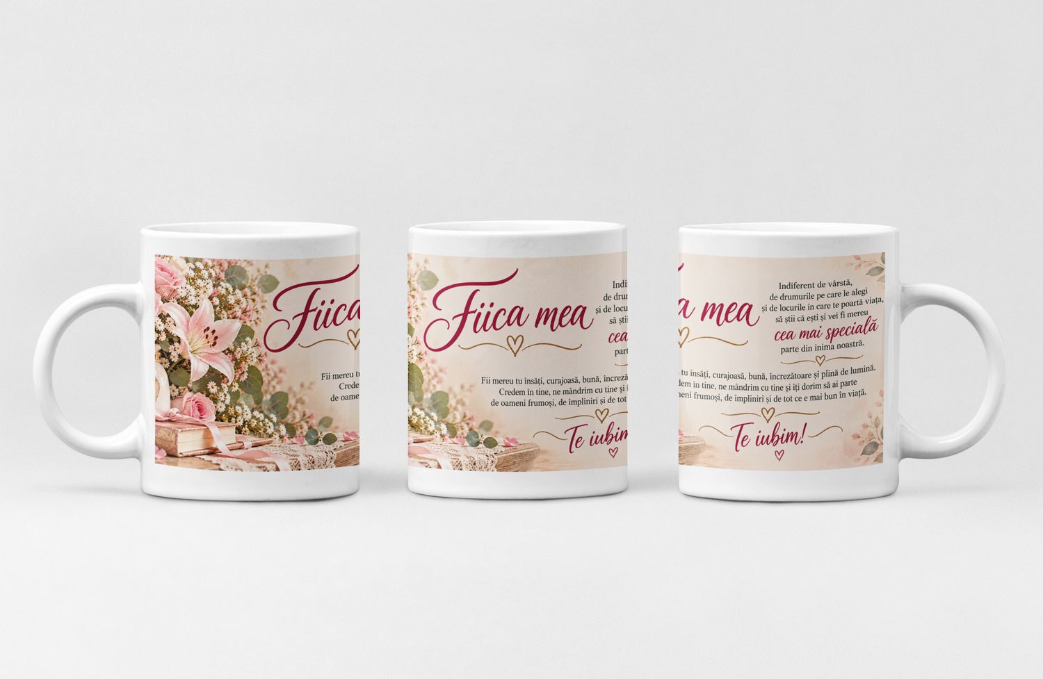 Cană Cadou pentru Fiica Mea – Mesaj Emoționant „Te Iubim!”, Design Floral Elegant, 330 ml