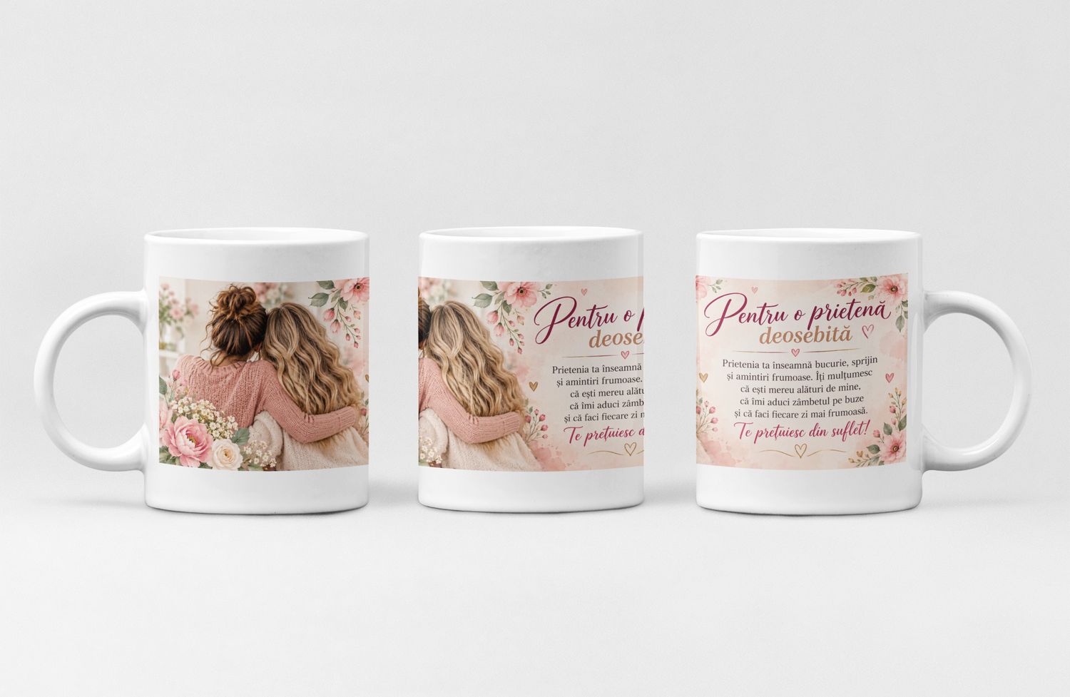 Cană Cadou pentru Prietenă – „Pentru o Prietenă Deosebită”, cu Mesaj Emoționant și Design Floral