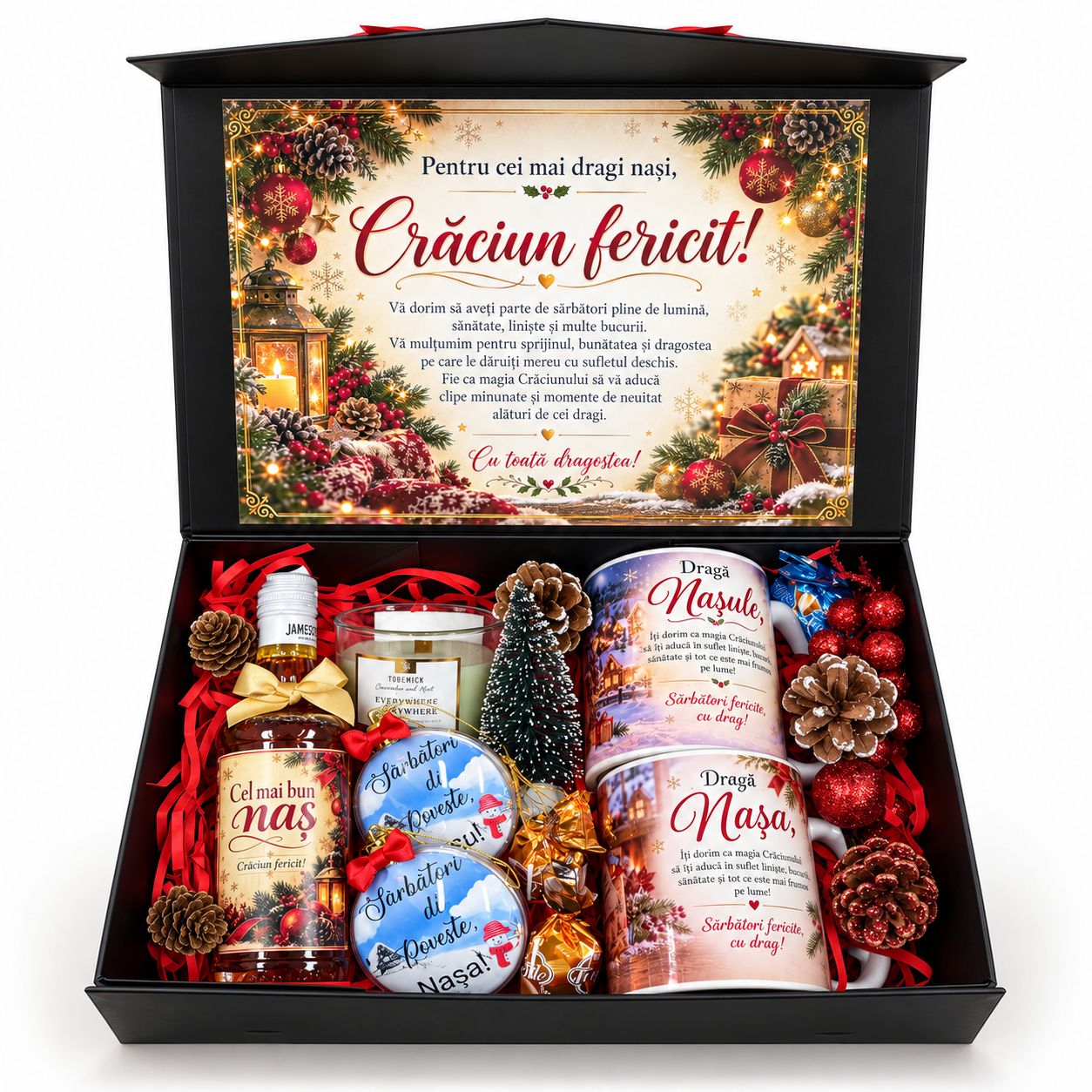 Cutie Cadou Premium de Crăciun pentru Nași – Set Festiv cu Căni, Băutură și Accesorii