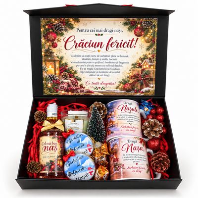 Cutie Cadou Premium de Crăciun pentru Nași – Set Festiv cu Căni, Băutură și Accesorii